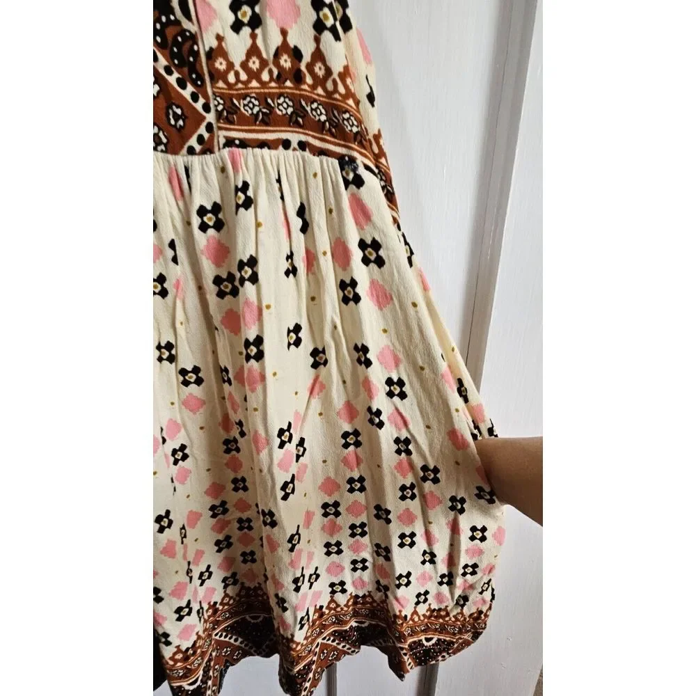 FREE PEOPLE women Rust print deep V neck‎ charlotte sleeveless tunic top Sz S